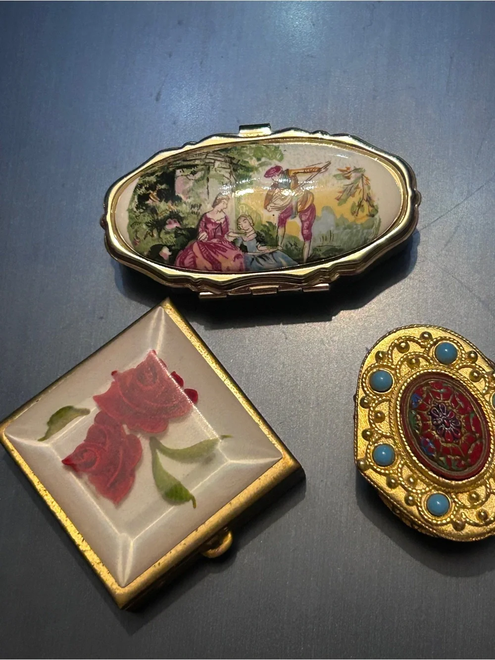 3 Vintage-Inspired Gold Tone Enamel Pill Boxes- Floral & Scenic Designs